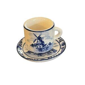 Blue & White  Mini Cup & Saucer Windmill Floral Hand Painted Elesva Holland VTG